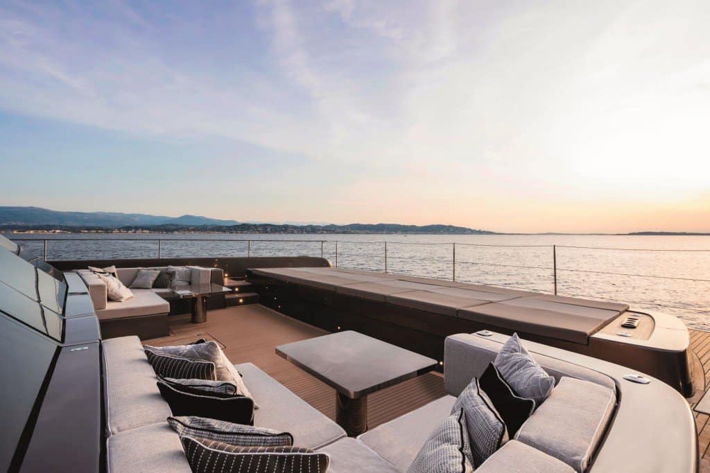The luxurious bow lounge area of a Sunreef 80 Power catamaran, perfect for relaxation and entertaining.