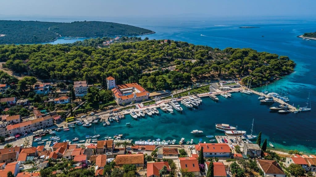 aerial view at hotel and marina martinis marchi at Maslinica island of Šolta