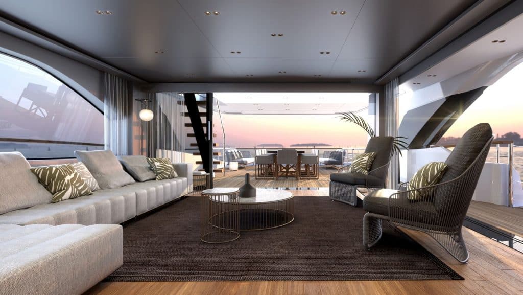 This is a photograph of Sanlorenzo SD118 Upper Deck Salon