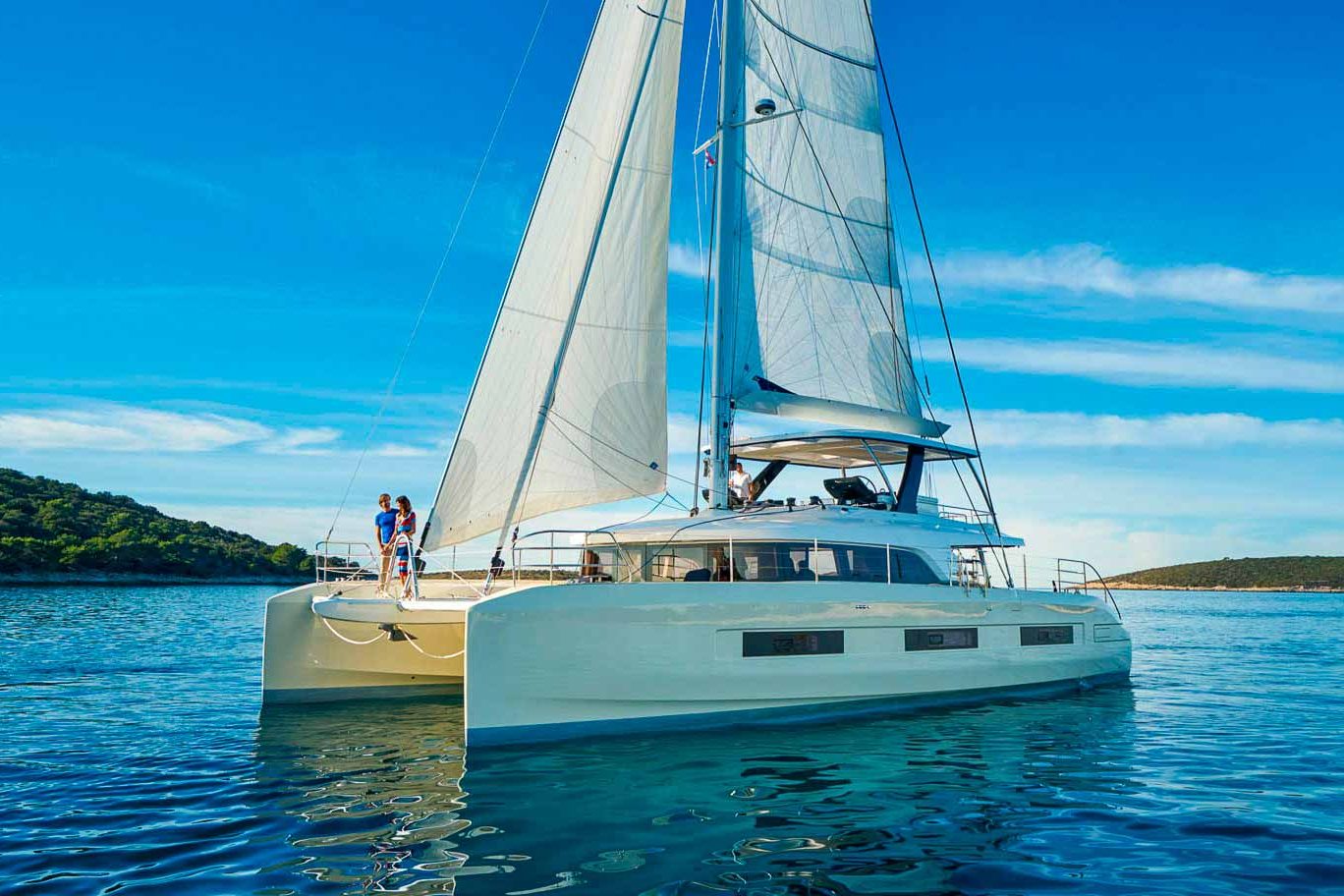 This is photo of a catamaran Lagoon Sixty5 named Amada Mia front view, catamaran charter in Croatia