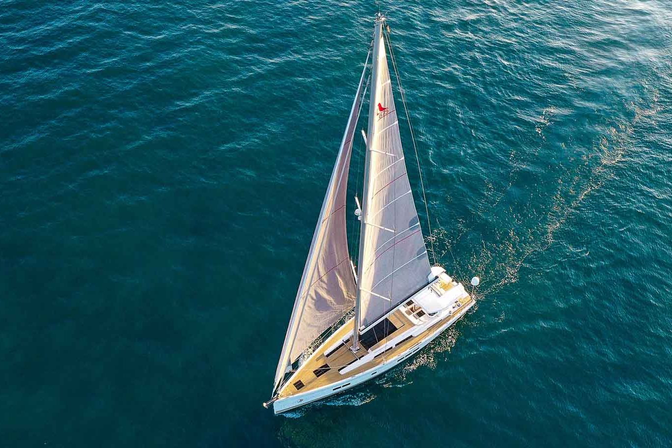 This is photo of a sailing boat Hanse 675 sailing, aerial view