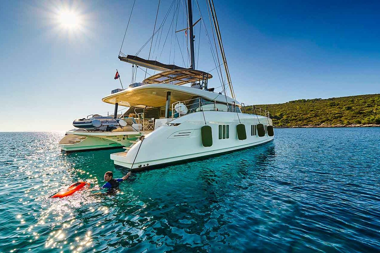 This is photo of a catamaran Sunreef 60 back view, Catamarn Charter in Croatia