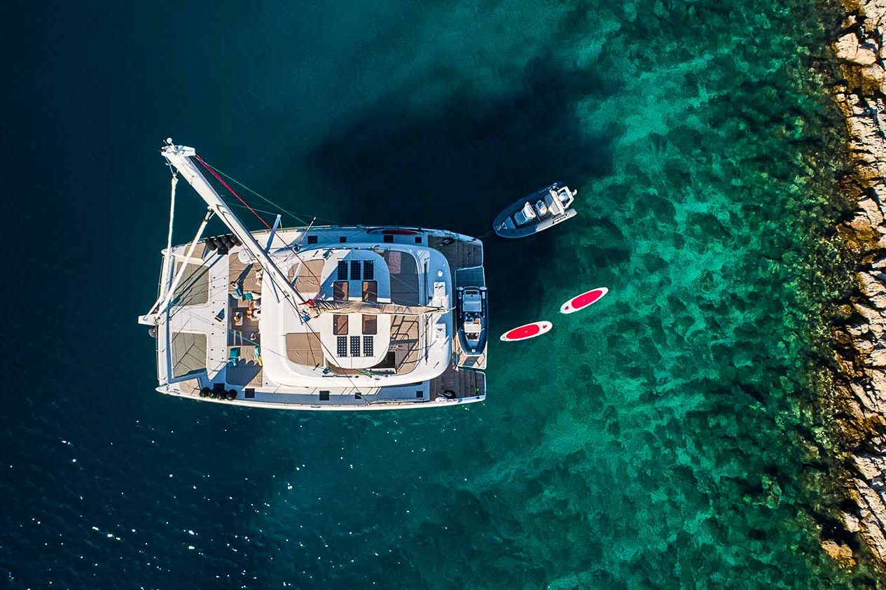 This is photo of a catamaran Sunreef 60 aerial view