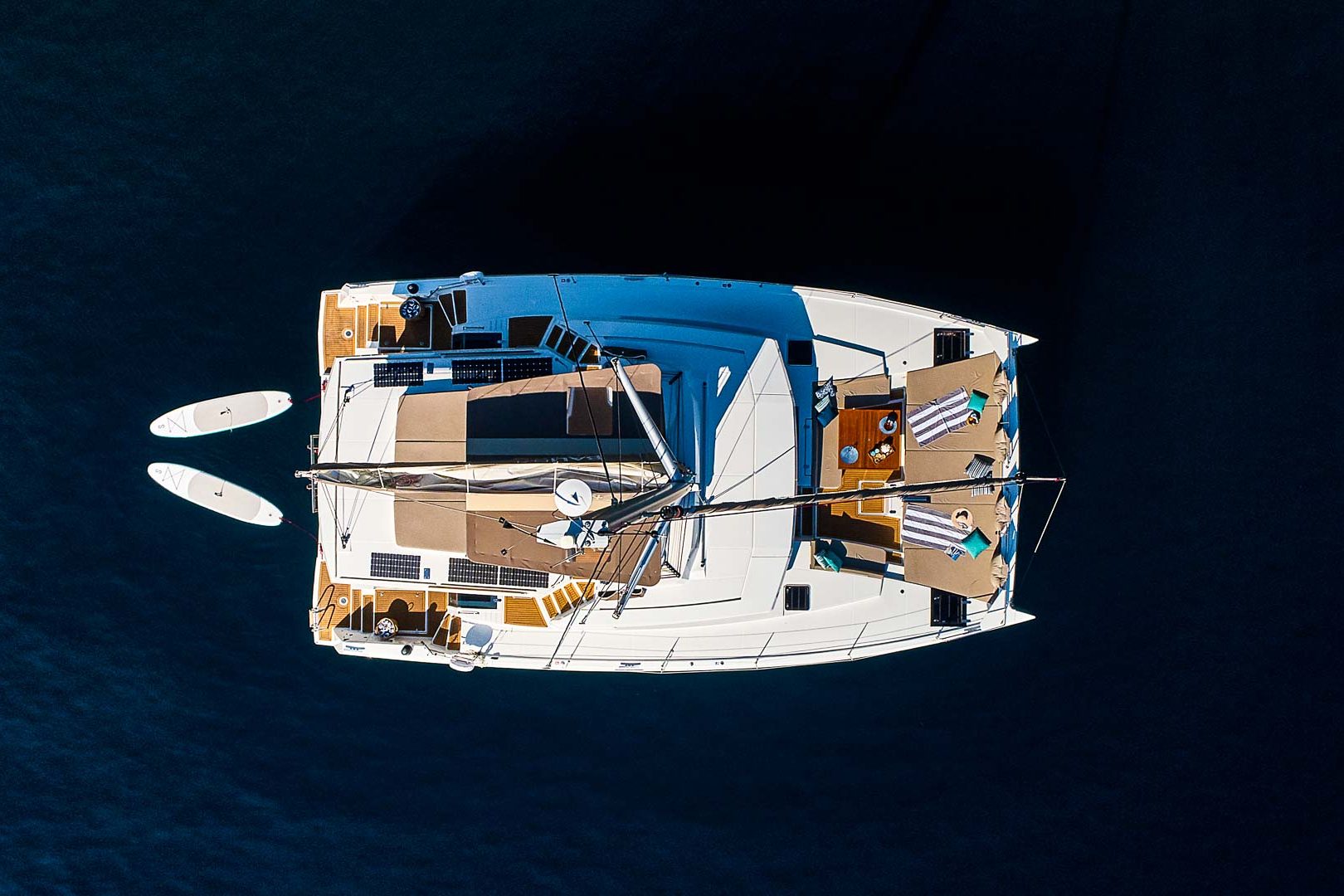 This is photo of a catamaran Bali 5.4 aerial view on sea, Catamaran Charter in Croatia