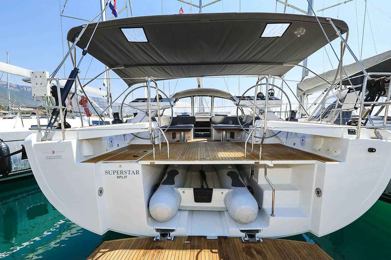 This is photo of a sailing boat Hanse 588 stern view