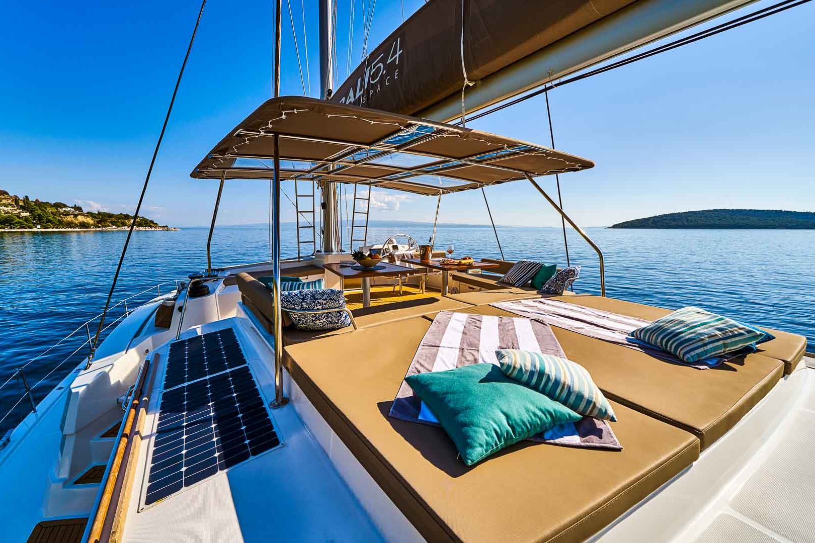 This is photo of a catamaran Bali 5.4 flybridge sunbathing