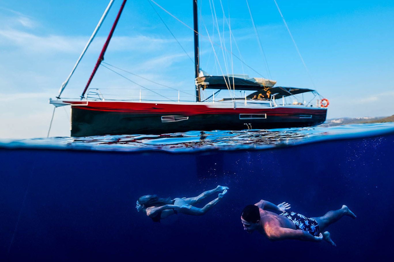 This is photo of a sailing boat Dufour 56 underwater view