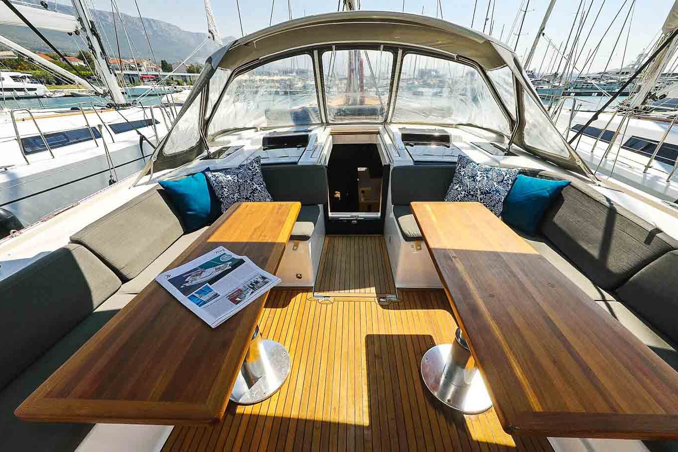 This is photo of a sailing boat Hanse 588 cockpit table