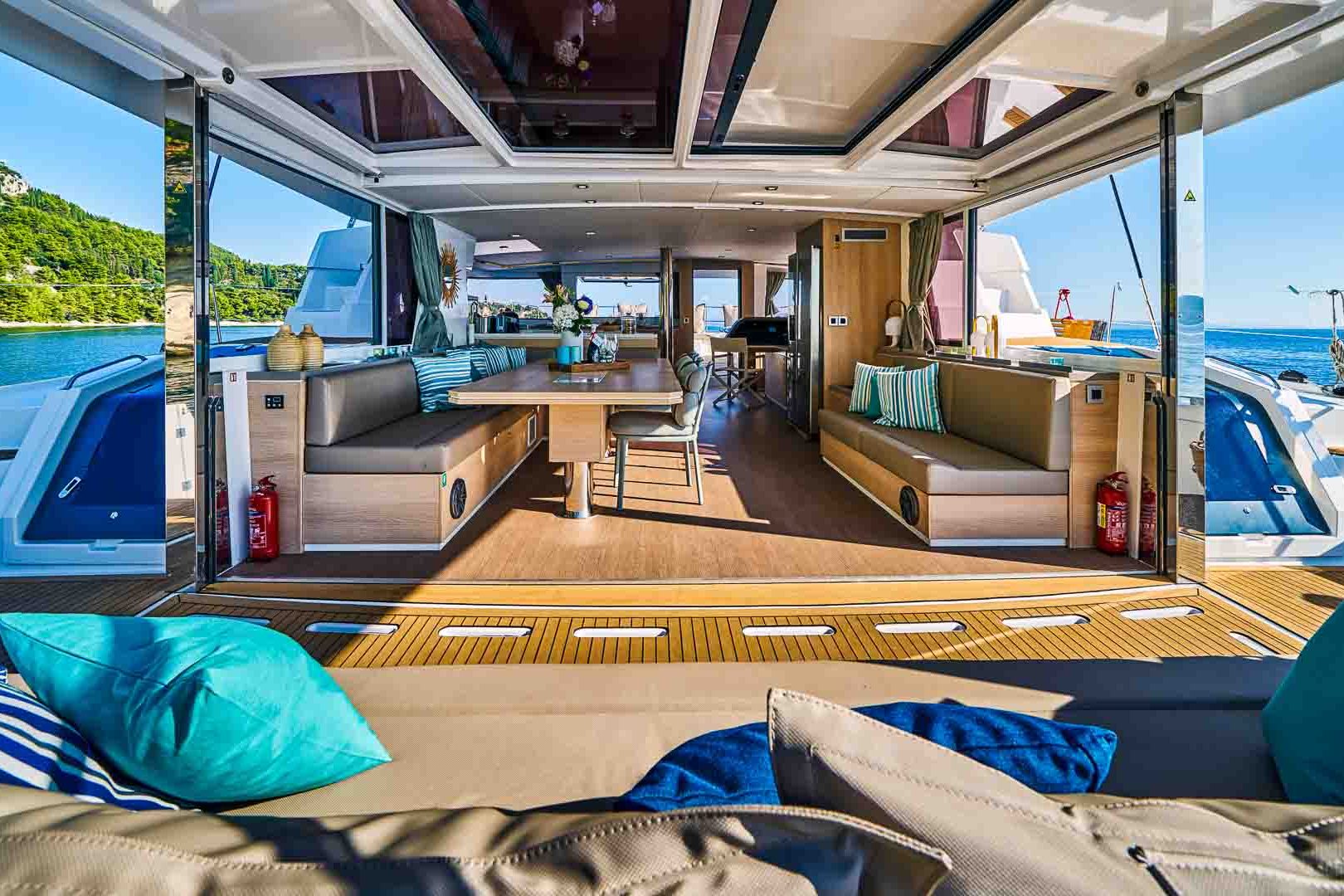 This is photo of a catamaran Bali 5.4 view from cockpit to saloon