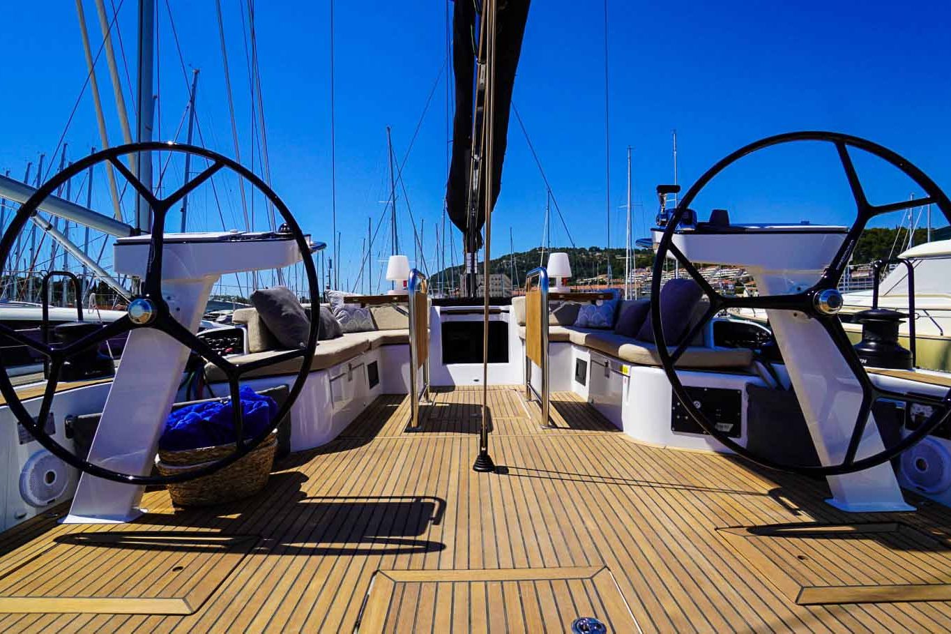 This is photo of a sailing boat First 53 deck view