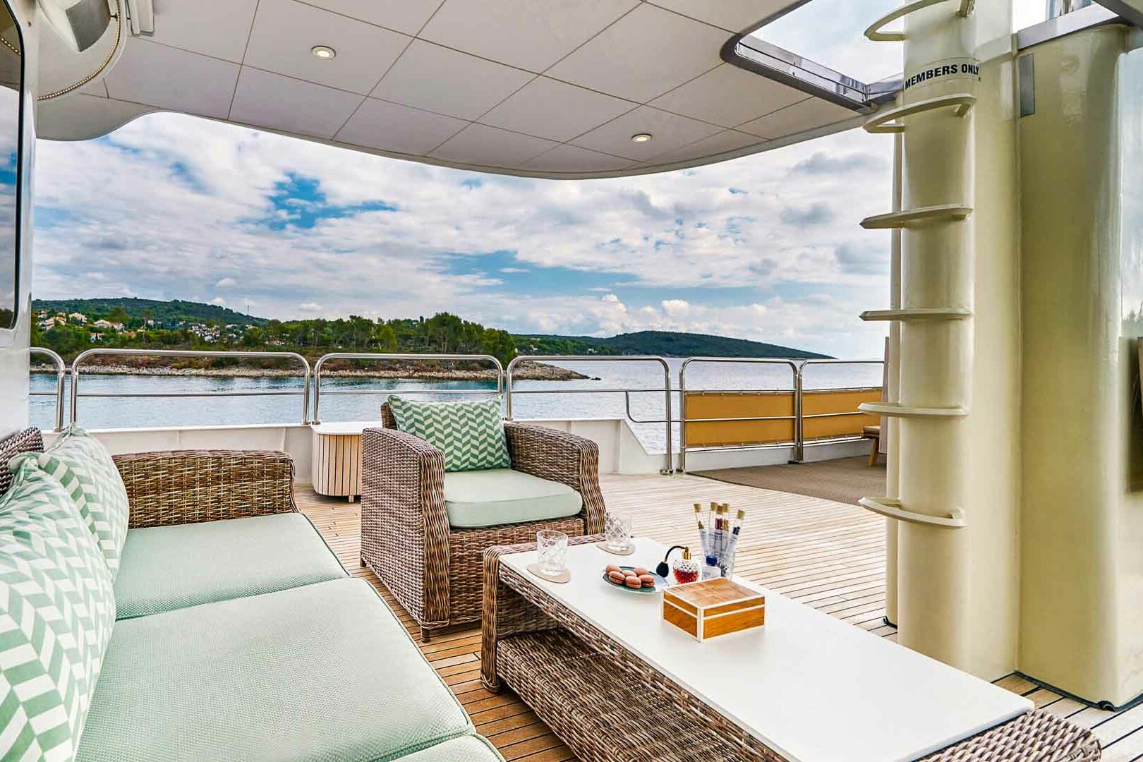 Luxury boutique yacht La Perla deck lounge view