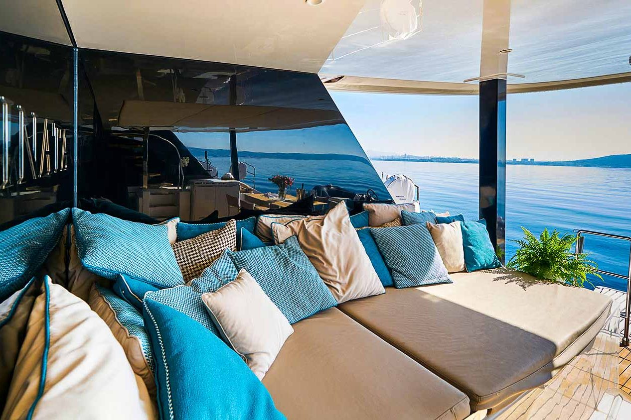 This is photo of a catamaran Sunreef 60 outside lounge area