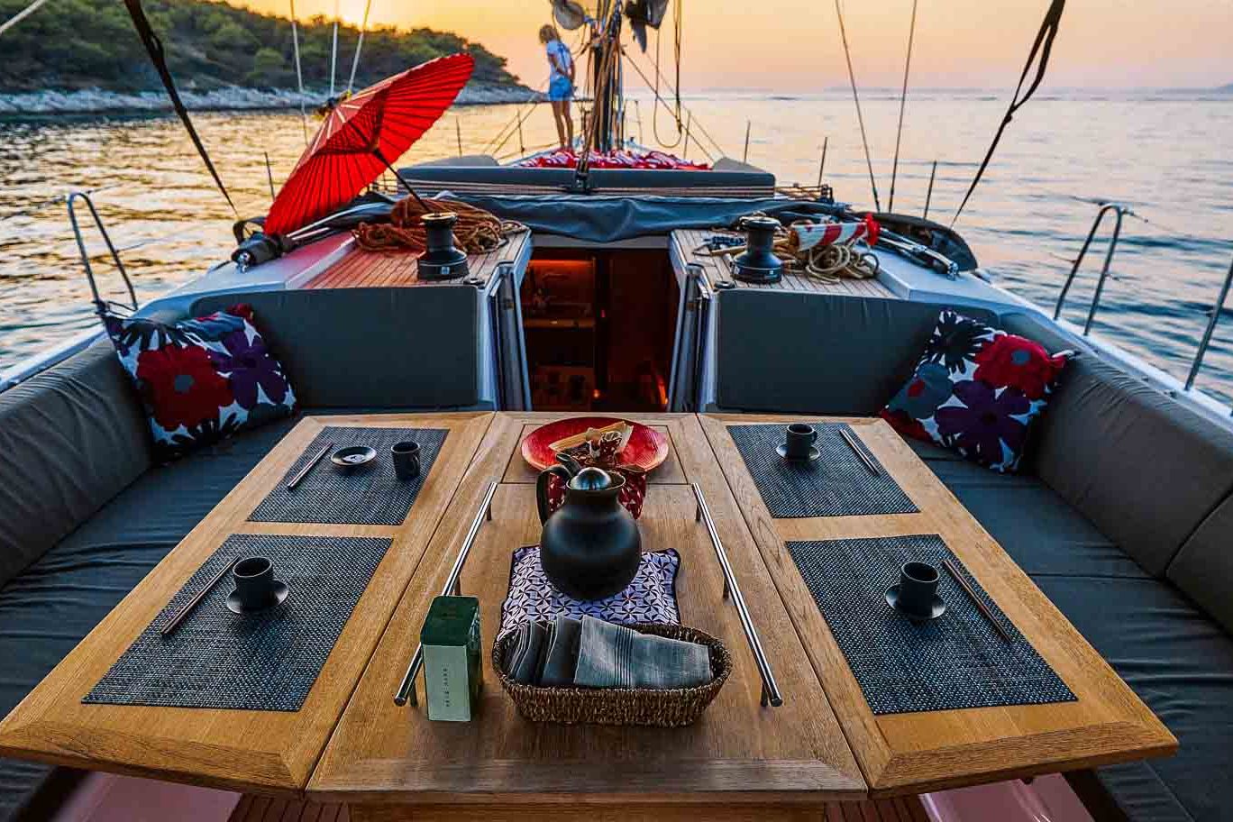 This is photo of a sailing boat Dufour 56 cockpit table