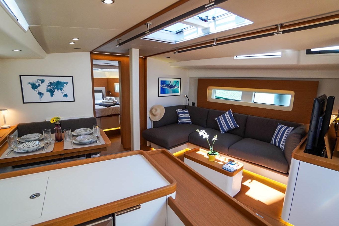 This is photo of a sailing boat First 53 saloon and kitchen