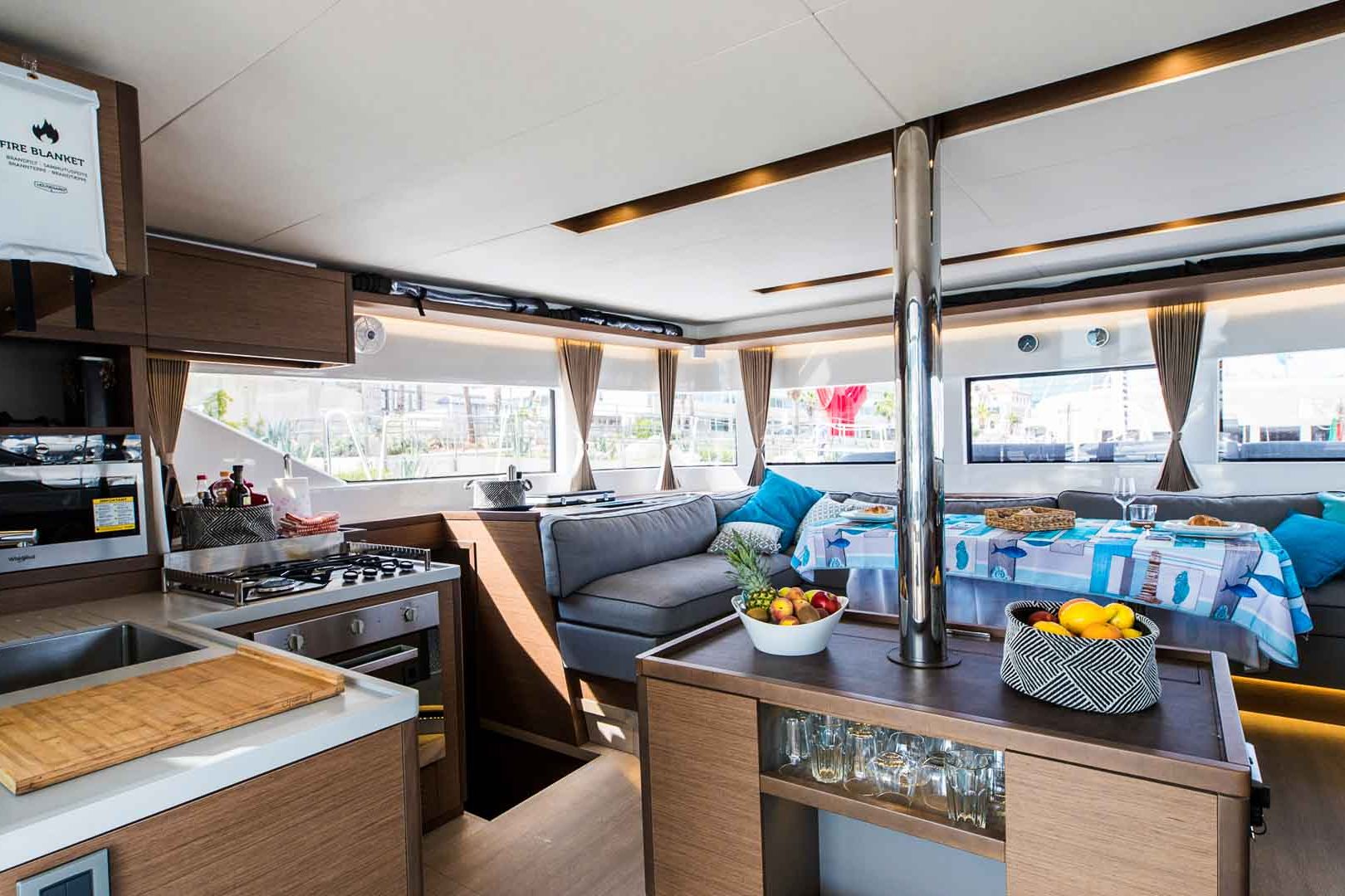 This is photo of a Lagoon 50 saloon and kitchen