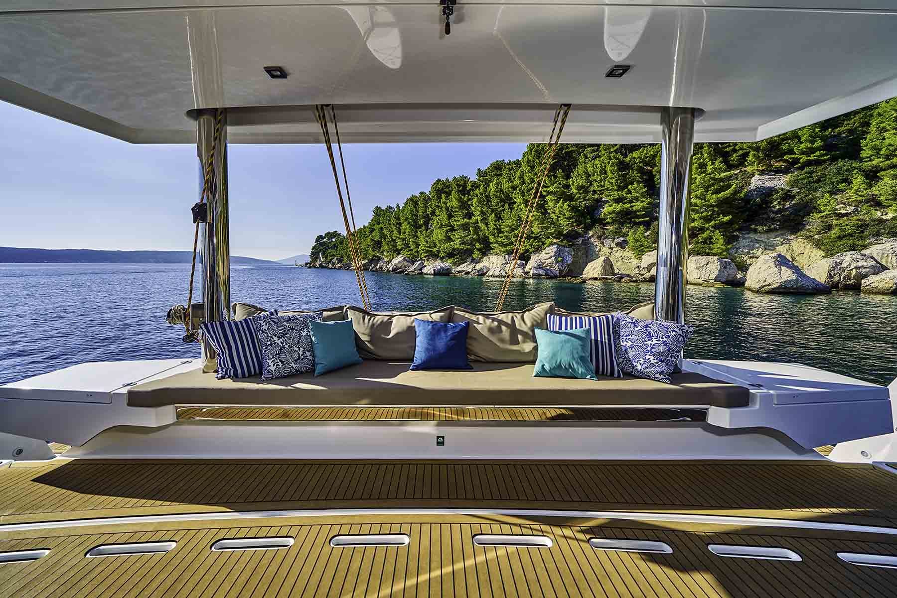 This is photo of a catamaran Bali 5.4 aft seating bench