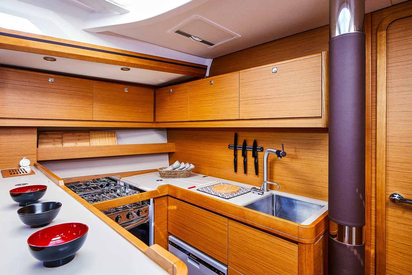 This is photo of a sailing boat Dufour 56 kitchen