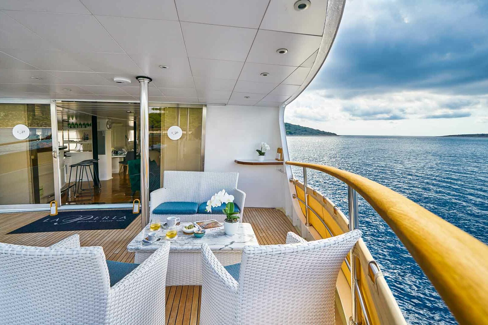 Luxury boutique yacht La Perla salon entrance