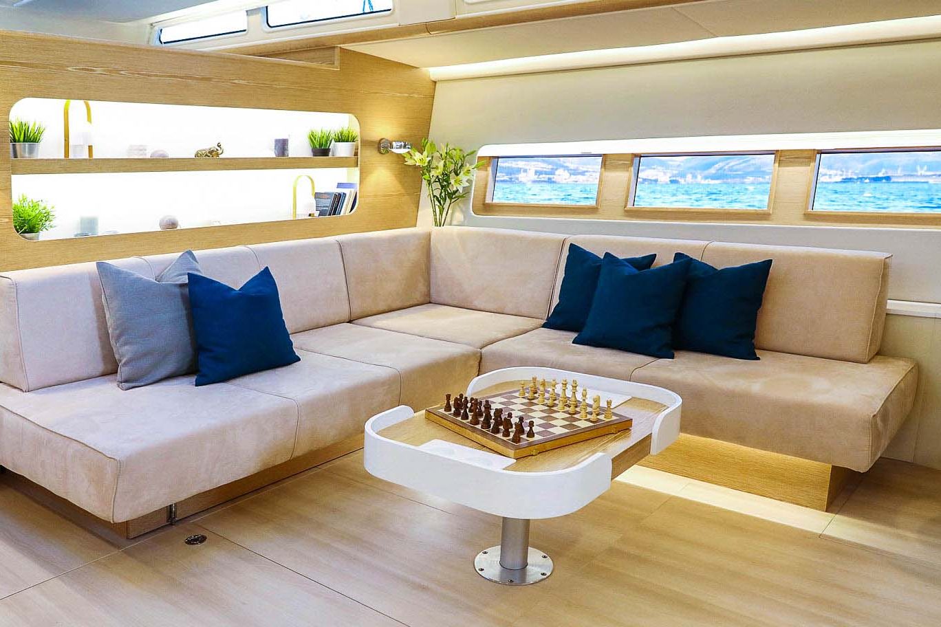 This is photo of a sailing boat Hanse 675 saloon lounge sofa