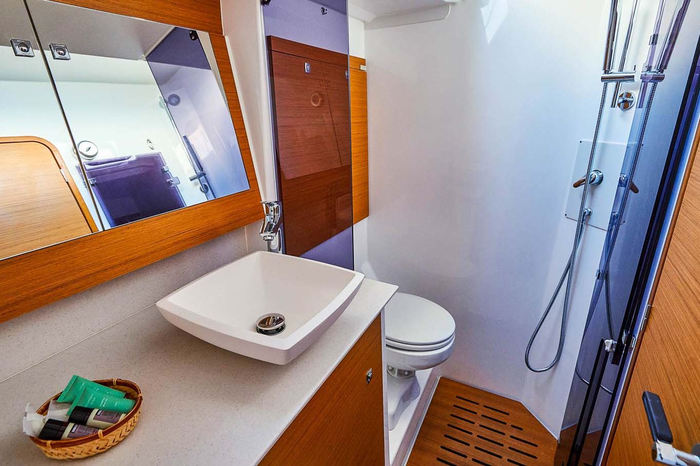 This is photo of a sailing boat Dufour 56 toilette