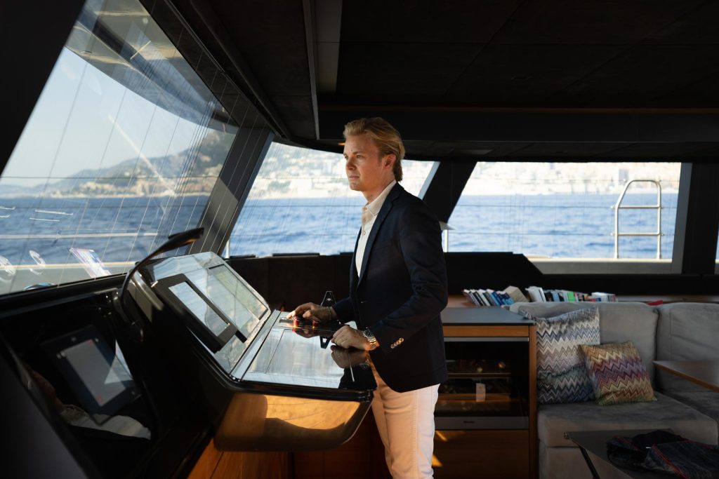 This is photo of a Nico Rosberg on Sunreef catamaran