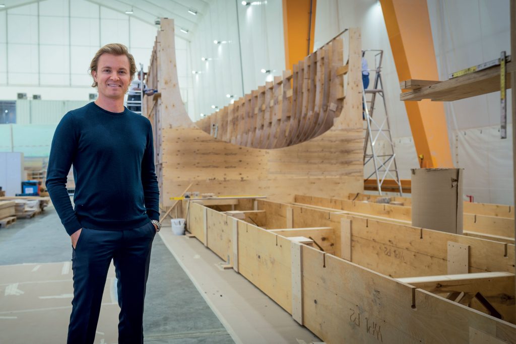 This is photo of a Nico Rosberg at Sunreef shipyard