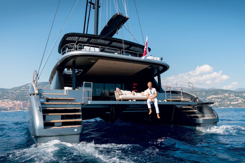 This is photo of a Nico Rosberg on Sunreef catamaran