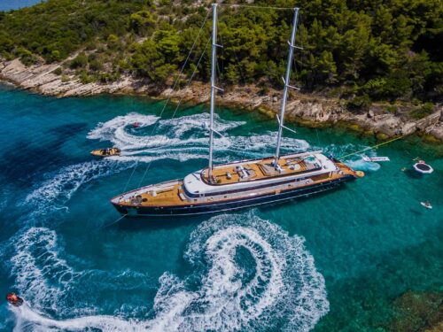 Luxury sailing yacht Clase Azul water toys from the air