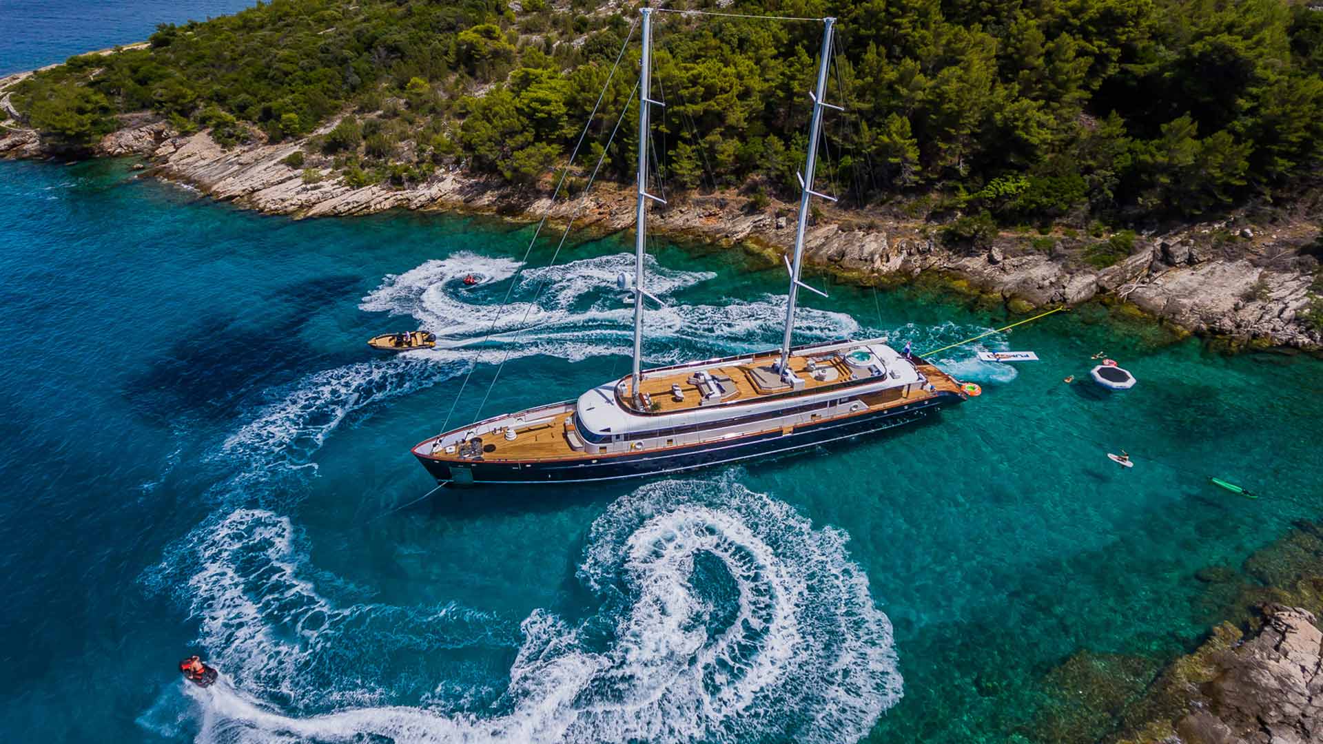 Luxury sailing yacht Clase Azul water toys from the air