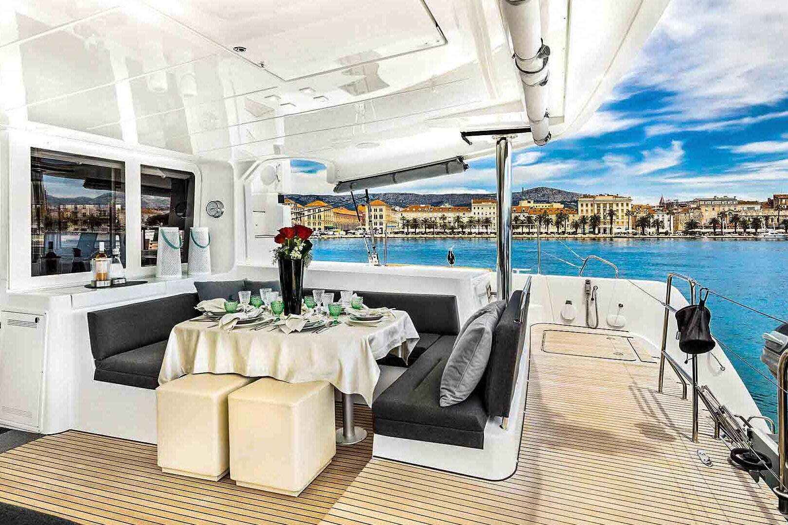 Luxury catamaran Lagoon 52 F aft dining area