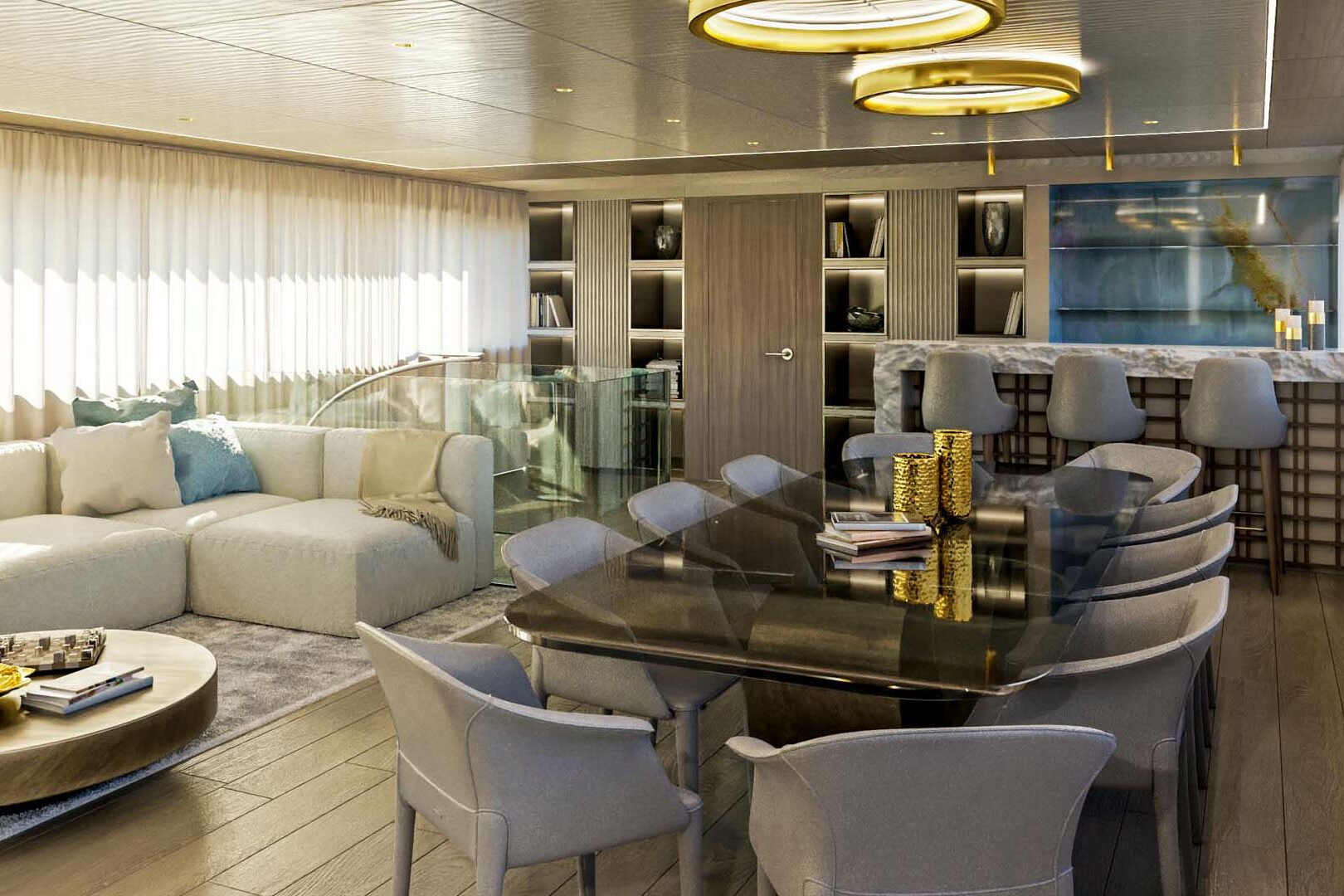Luxury sailing yacht Nocturno salon dining area