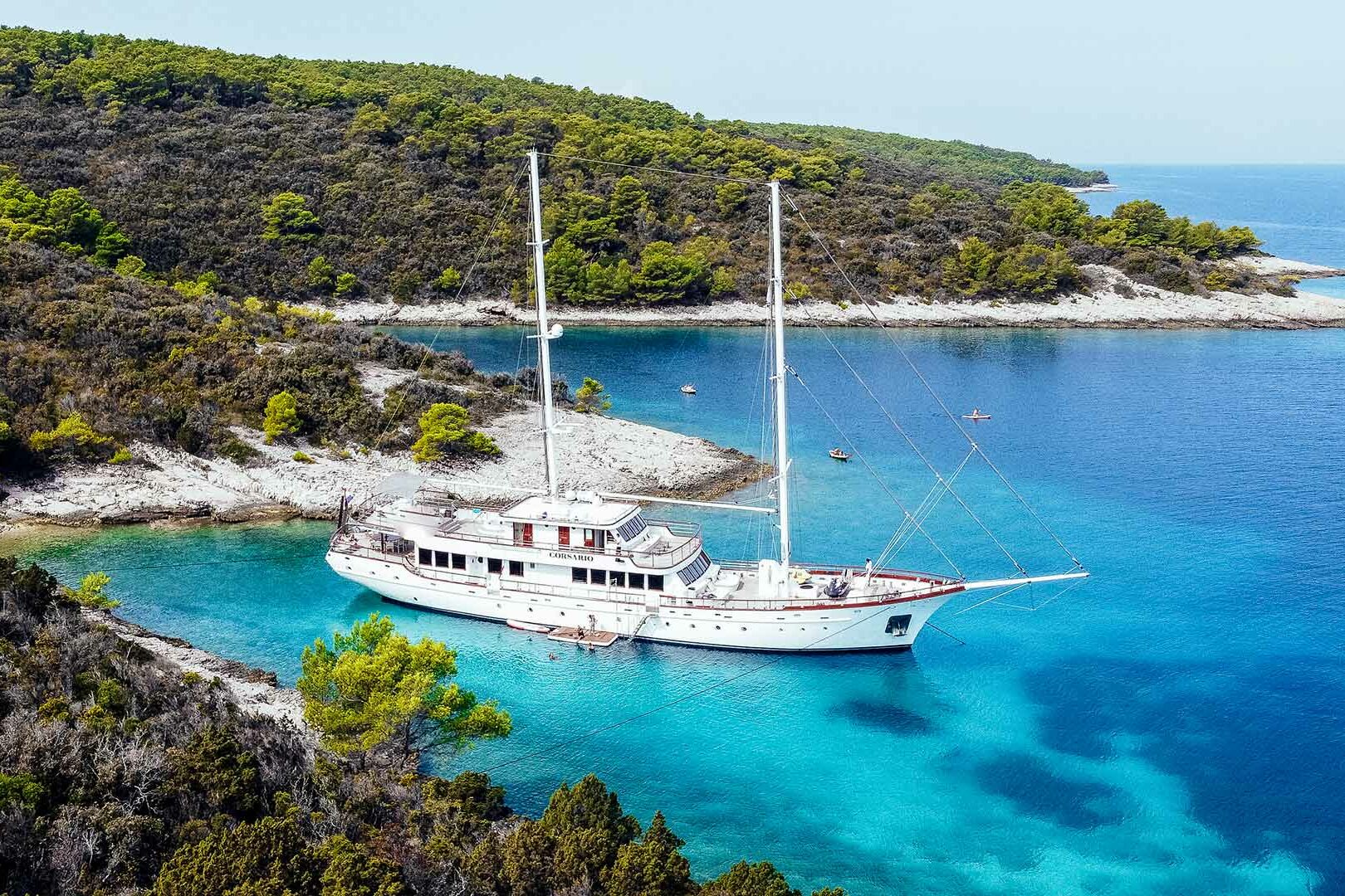 Luxury sailing yacht Corsario anchored in the bay