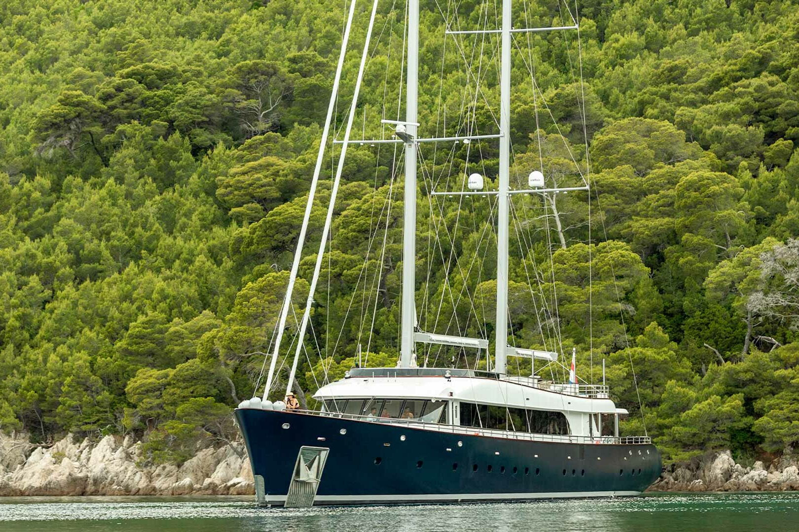 Luxury sailing yacht Nocturno anchored in the bay