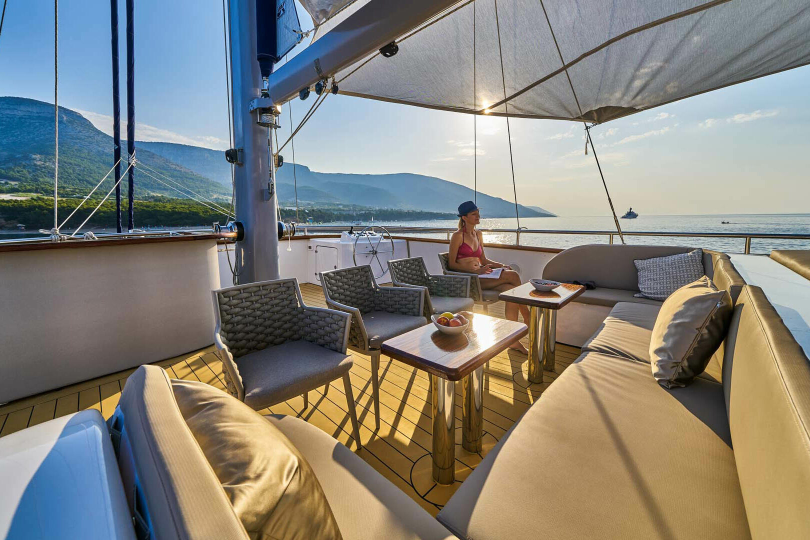 Luxury sailing yacht Dalmatino sun deck bow view