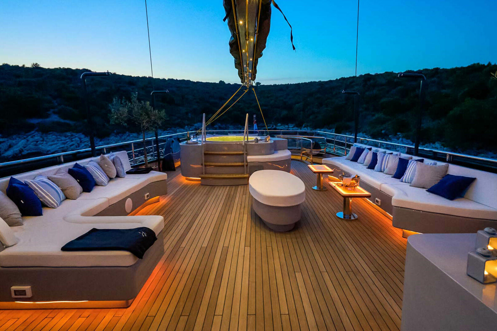 Luxury sailing yacht Rara Avis sun deck night