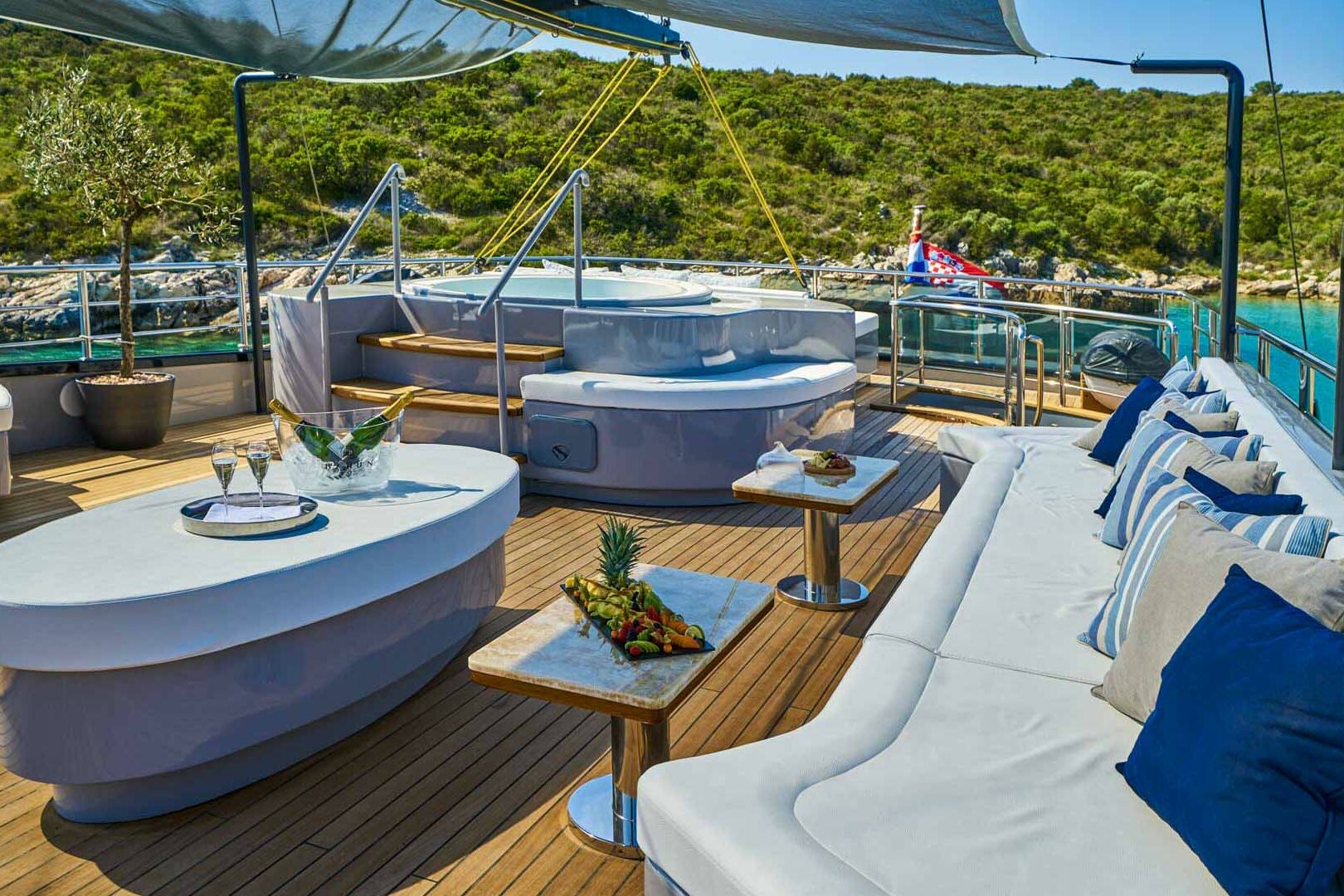 Luxury sailing yacht Rara Avis sun deck lounging area