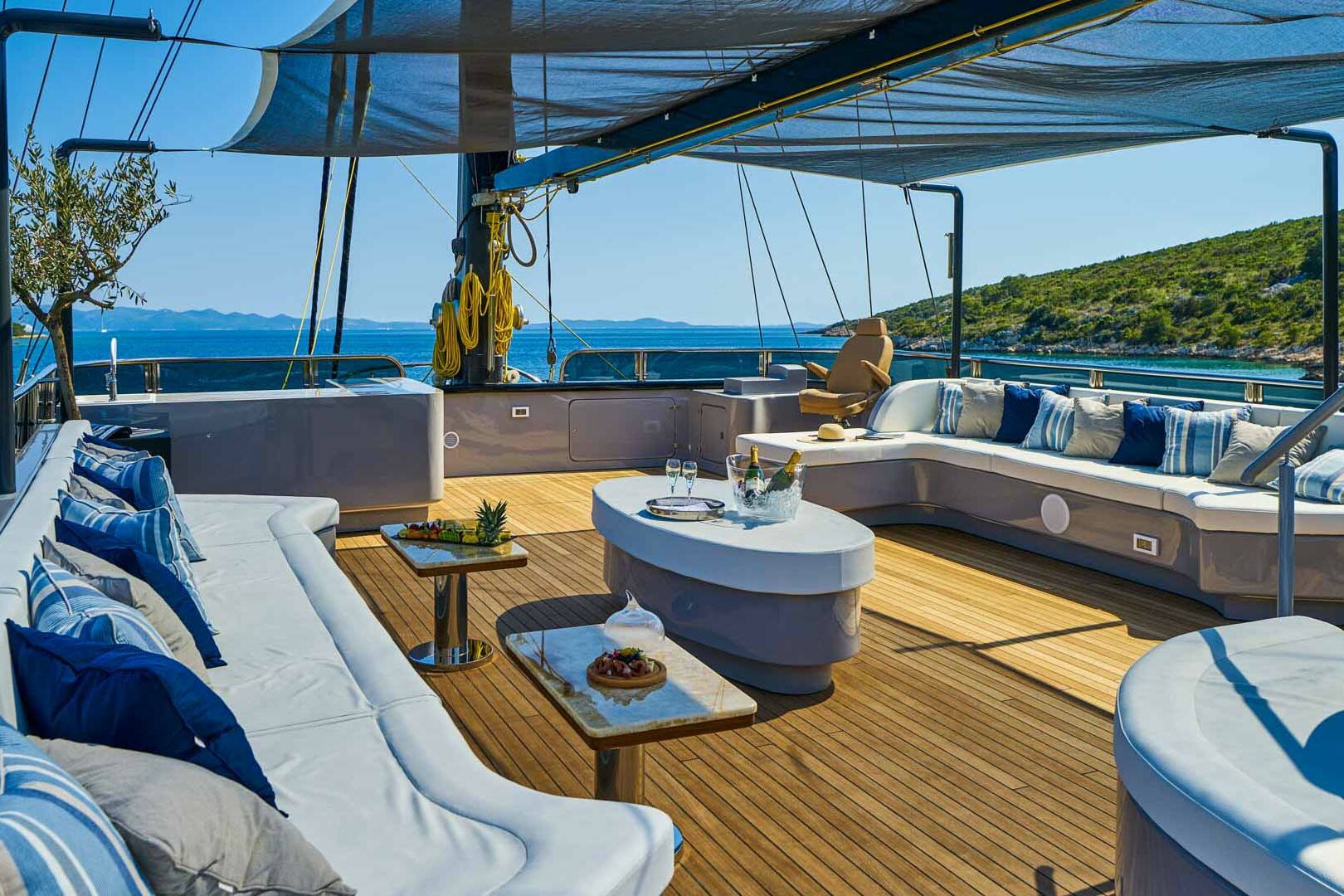 Luxury sailing yacht Rara Avis sun deck aft view