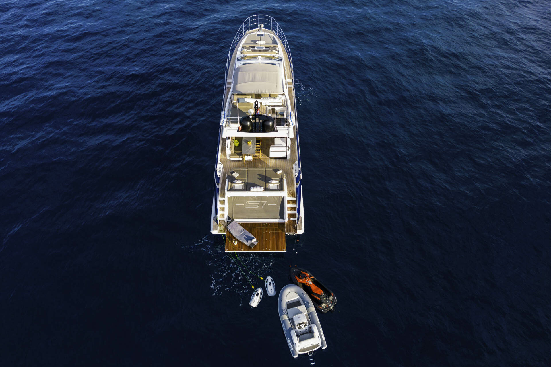 Luxury yacht Azimut S7 aft areal view