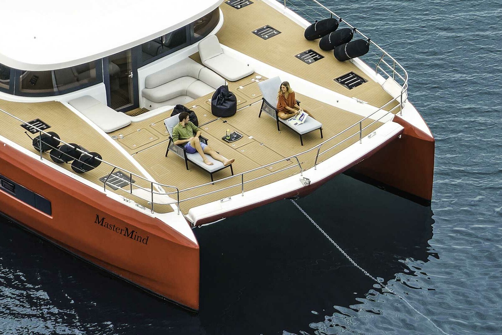 Luxury catamaran Lagoon Sixty 7 anchored foredeck close view