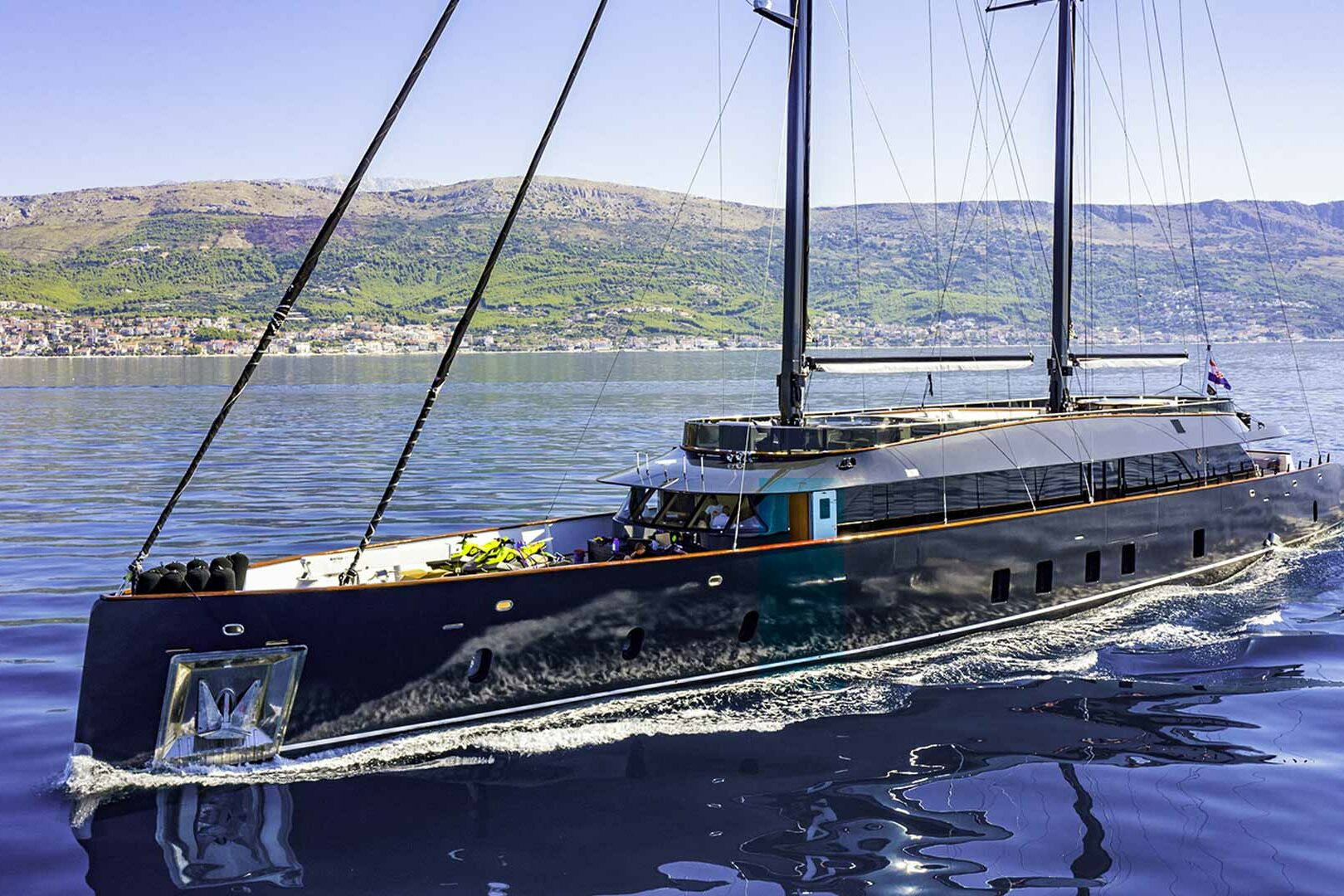 Luxury sailing yacht Scorpios port side close look