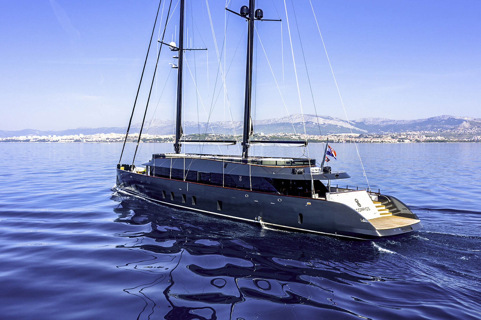 Luxury sailing yacht Scorpios aft view