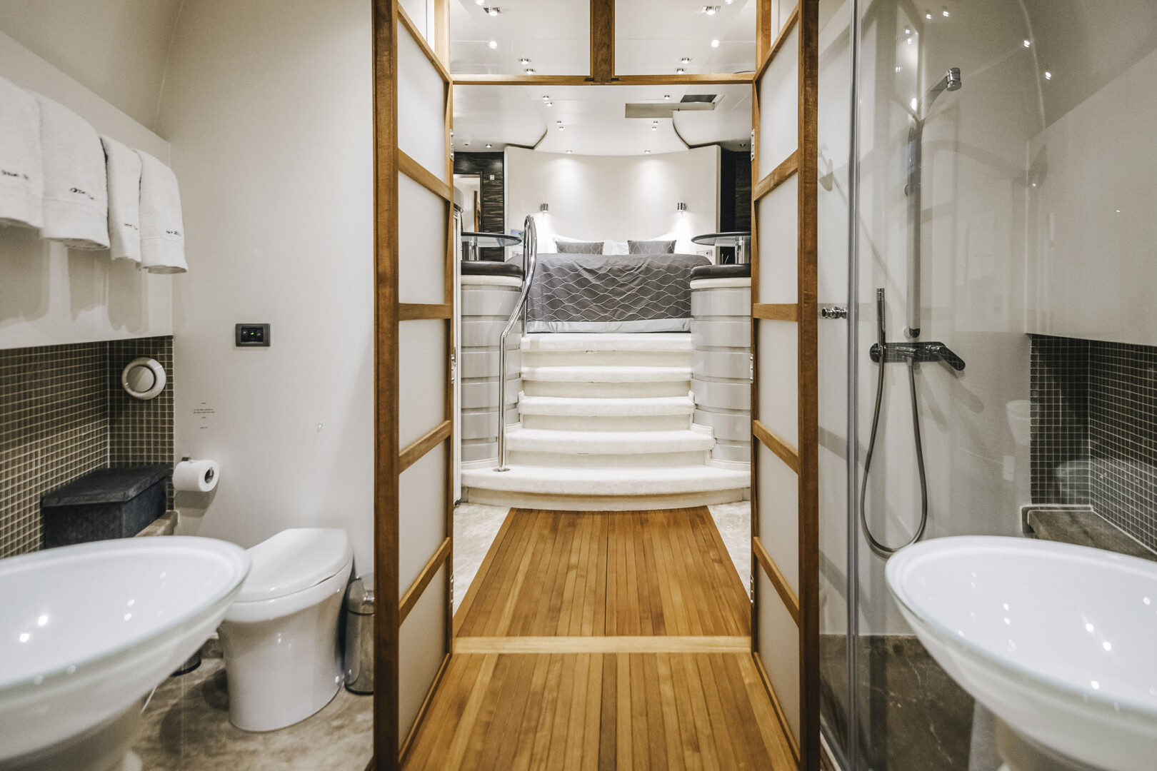 ONE BLUE Master bathroom view to cabin