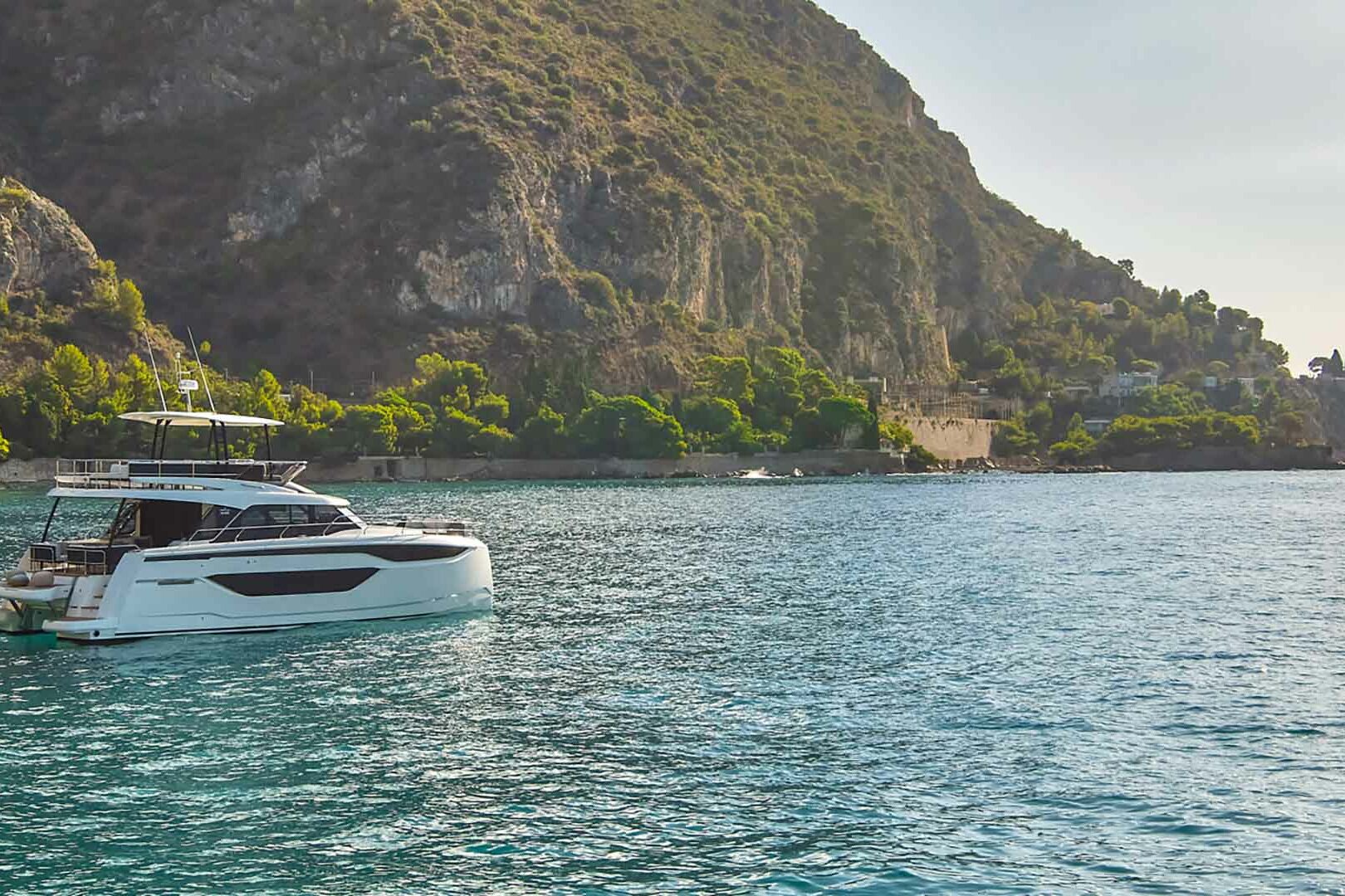 Luxury catamaran Prestige M48 coastline cruising