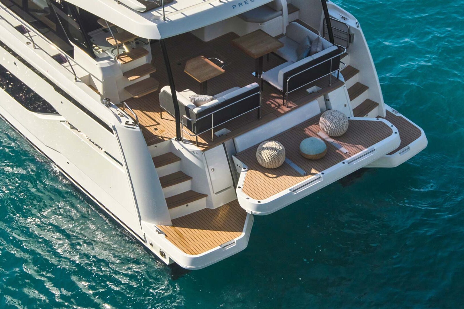 Luxury catamaran Prestige M48 aft close view