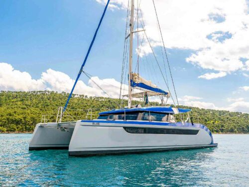 Luxury catamaran Luna 49 port side