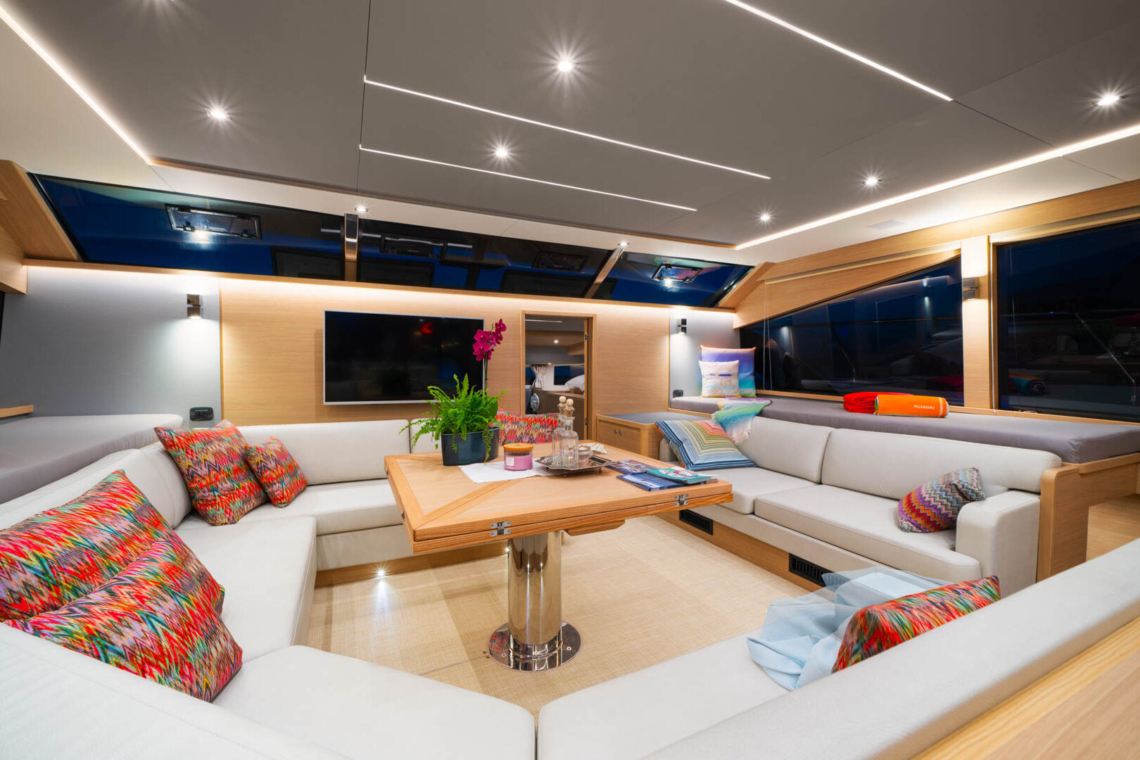 Spacious salon within the Aquila 54 'By my side' power catamaran, available for luxury charter in Croatia.