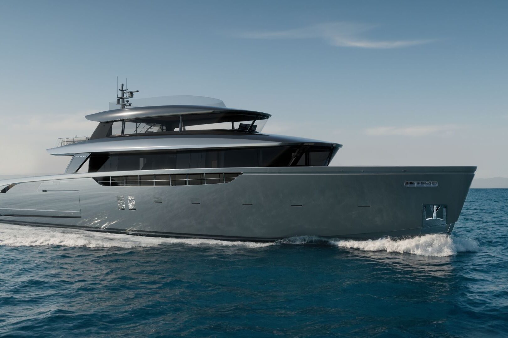Side profile of Sanlorenzo SX120 cruising at sea, showcasing sleek lines and spacious decks