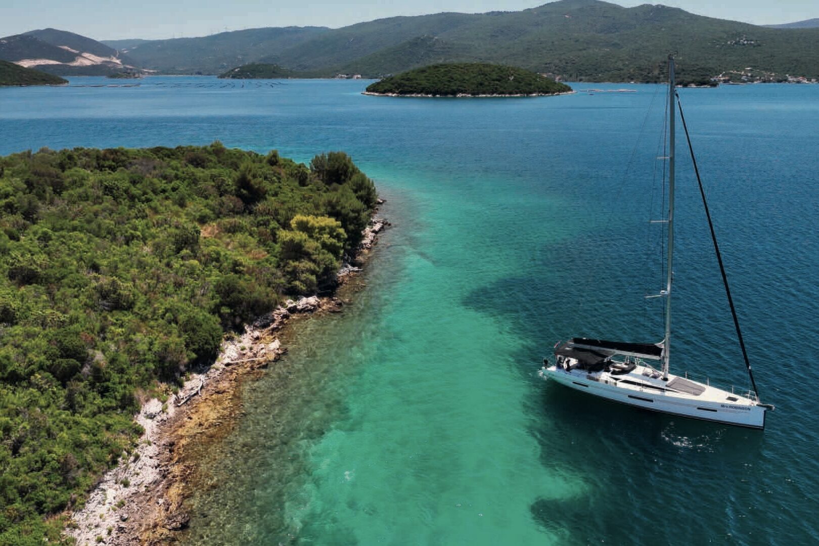 Sailboat anchored near Bay of Mali Ston