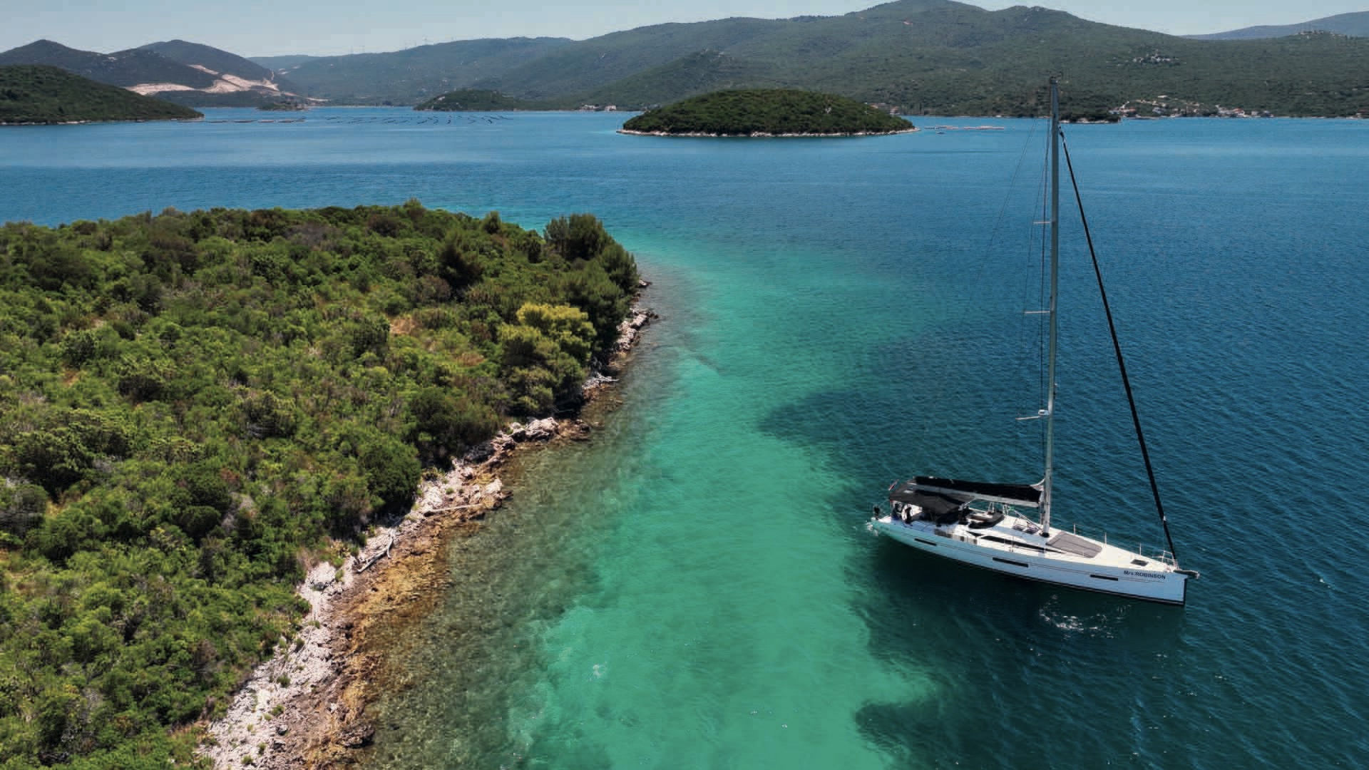Sailboat anchored near Bay of Mali Ston